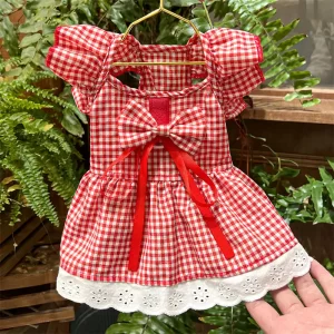 Cute Puppy Summer Plaid Outfit Dog Princess Dress Print Pet Skirt with Flying Sleeves Girls Dog Costume for Small Dogs