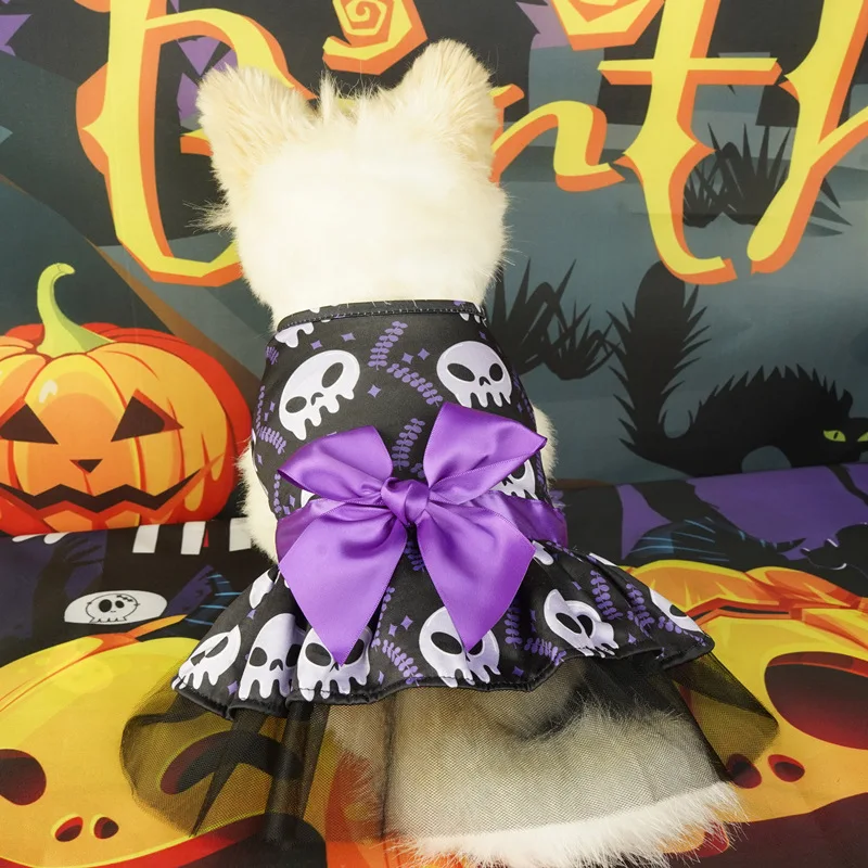 Halloween Costumes for Dogs Pumpkin Skull Print Dog Clothes Fashion Bow Puppy Dress Chihuahua French Bulldog Dachshund Pet Skirt - Image 3