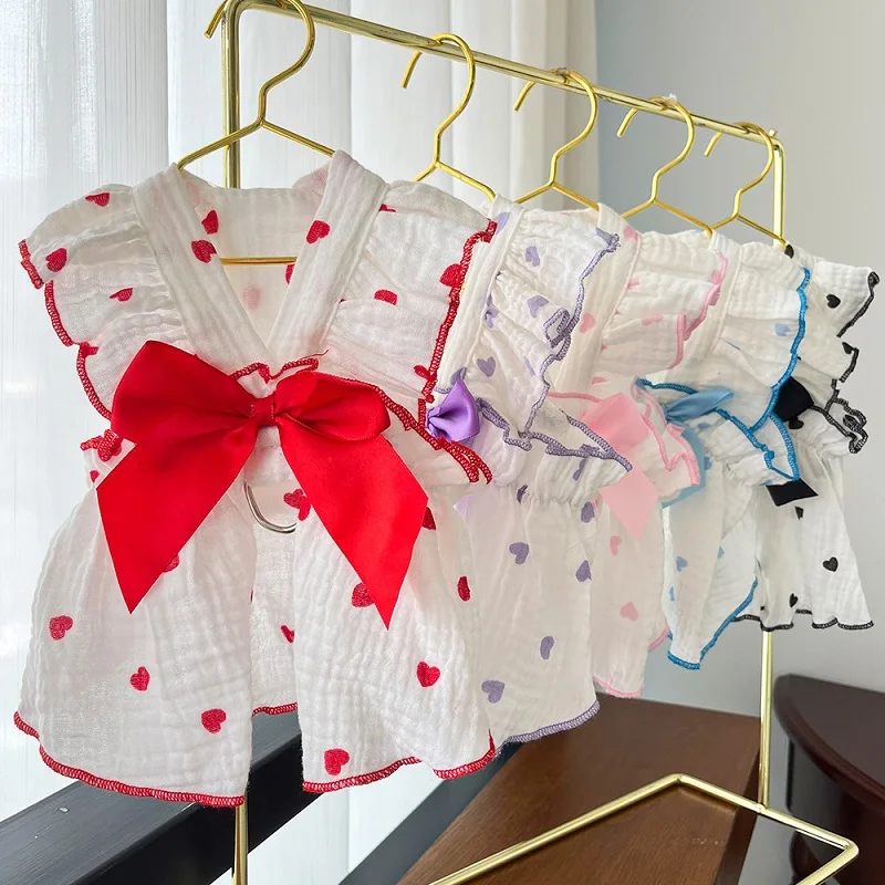 Dog Cooling Dress Summer Thin Bow Heart Print Dog Clothes Pet Skirt Kitten Puppy Costume Chihuahua Bichon Yorkie Girls Dog Vest