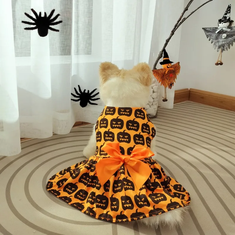 Halloween Costumes for Dogs Pumpkin Skull Print Dog Clothes Fashion Bow Puppy Dress Chihuahua French Bulldog Dachshund Pet Skirt - Image 5