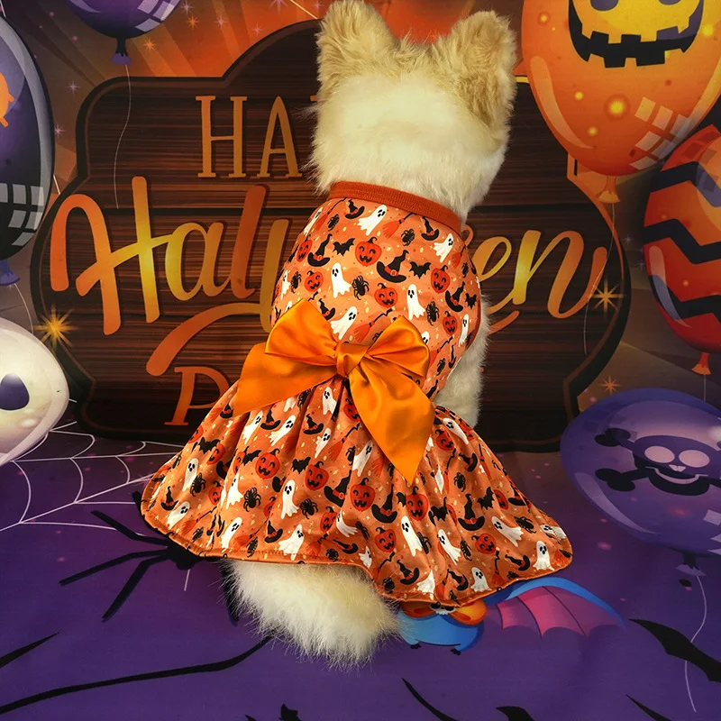 Halloween Costumes for Dogs Pumpkin Skull Print Dog Clothes Fashion Bow Puppy Dress Chihuahua French Bulldog Dachshund Pet Skirt - Image 4